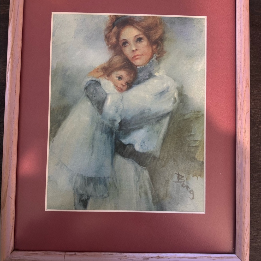 Framed Mother and Child Watercolor Print in Pink Mat-Artist Irene Borg original